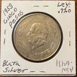 Silver 1953 Mexico Cinco Pesos.  Plata  .720 FS