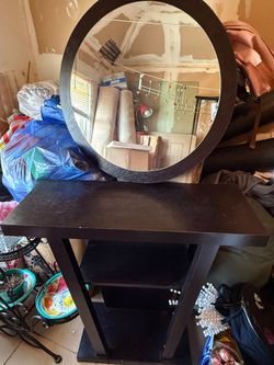 Dark Brown Console Table with Round Mirror