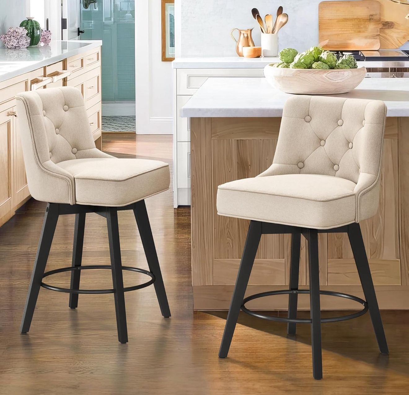 26" Swivel Counter Height Bar Stools Set of 2, Modern Bar Stools with Back and Metal Round Footrest, Solid Wood Legs, Linen Fabric Upholstered Barstoo