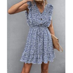 NWT Sz XL Women’s Blue Ruffle Front Button Dress