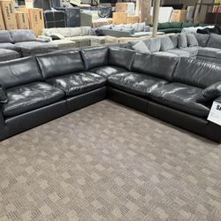 Black Leather Cloud Sectional 