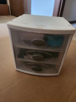 Sterilite small office storage with note cards, erasers, paper clips, staples, sharpener..