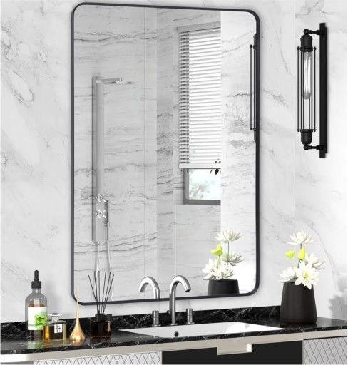 NIB Black Metal Framed Bathroom Mirror for Wall, Large Brushed Matte Black Rounded Corner Rectangular Bathroom Vanity Mirror, Anti-Rust, Tempered Glas