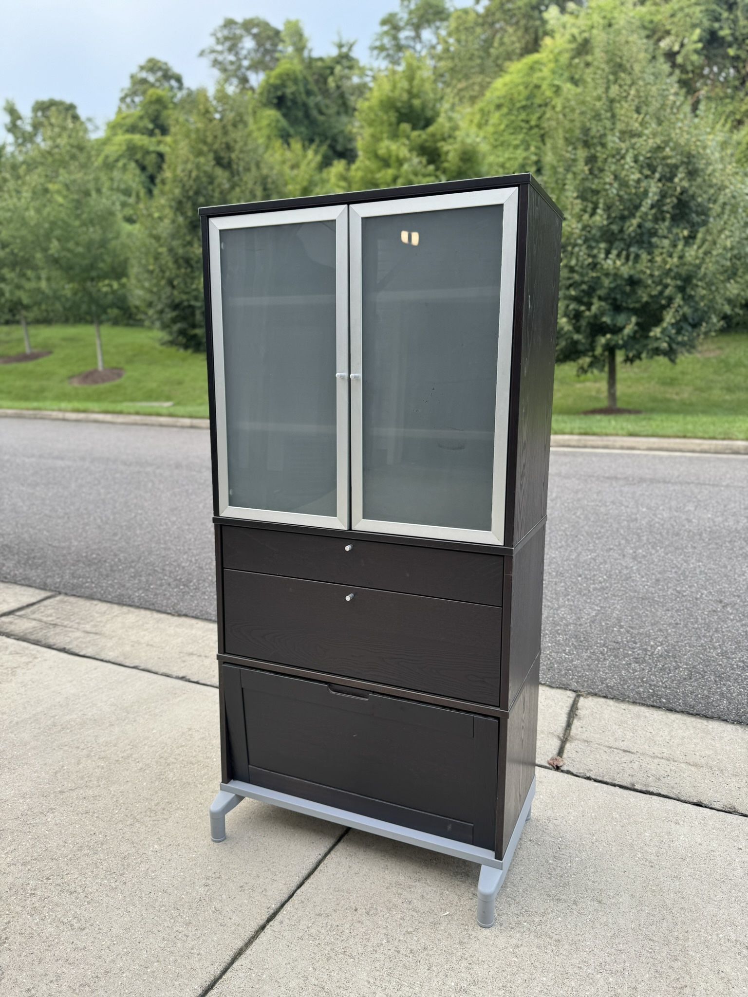 Tall Dark Wood Cabinet w/ Glass Doors – 68.5”H