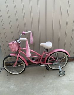 Pink Firmstrong Girls Beach Cruiser Bicycle w/ Basket Training Wheels & Tassels