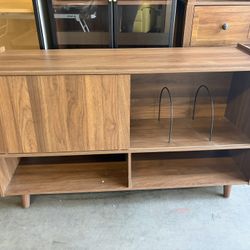 46” Record Player Stand with Vinyl Storage Cabinet, Curved Wood Stereo Cabinet for Living Room, Walnut(46”x27”x13.5”)