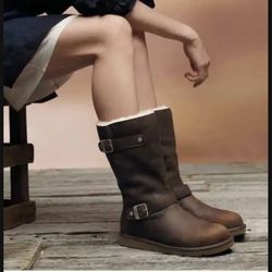 UGG Kensington Women's Size 9 Shoes Brown Leather Shear Lined Moto Biker Boots