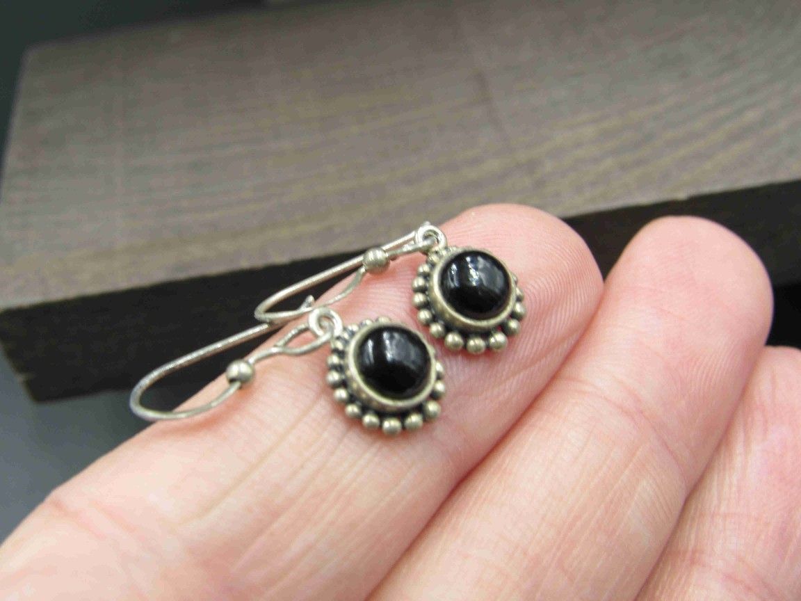 Sterling Silver Small Black Material Rustic Earrings Vintage Wedding Engagement Anniversary Beautiful