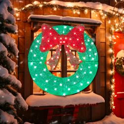 36in  Wreath Decorations Outdoor - Christmas Yard Decorations w/ 128 Warm White LED Lights with Bow