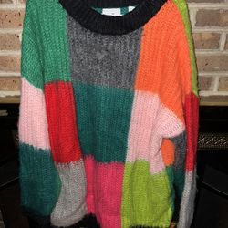 Ladies Large Collusion bright color block fun crewneck chunky knit sweater 