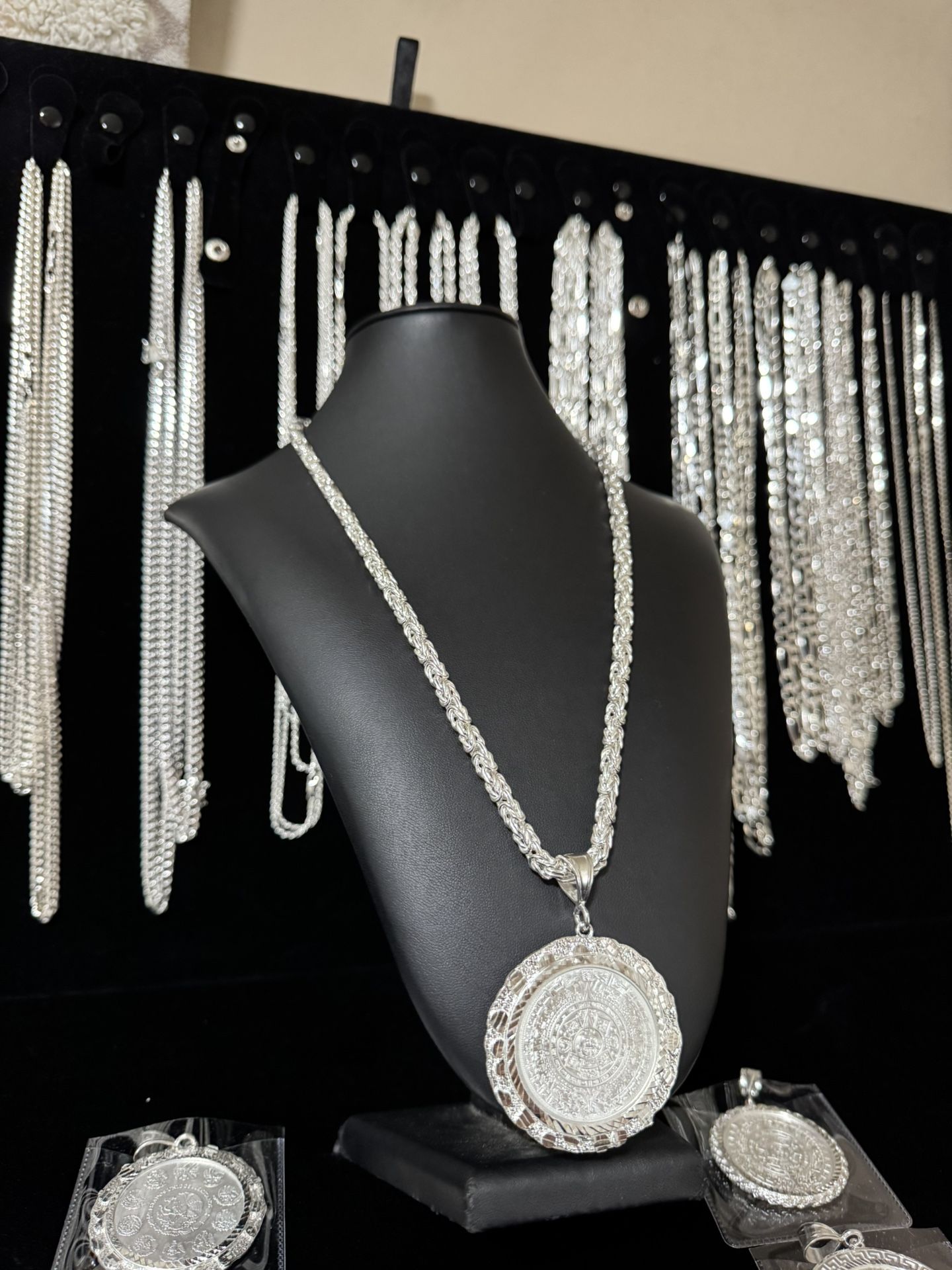 Aztec Calendar With Nugget Bezel And Italian Silver Byzantine Chain Best Quality And Prices Guaranteed