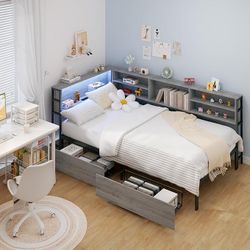 #251 Twin Corner Bed Frame with Storage Drawers & Bookcase, Metal Corner Bed Frame Twin with LED Light & Charging Station, Corner Daybed Frames for Te
