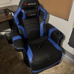 Goplus Massage Gaming Recliner Height Adjustable Racing Swivel Chair with Cup Holder Blue