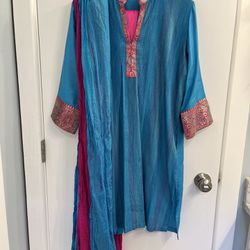 designer three piece turquoise Hot Pink With Silver Accents Indian raw silk outfit kurtha dress pant suit S/M 