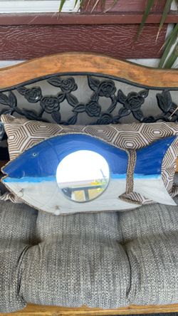Blue and white wooden fish wall decor with mirror and hooks