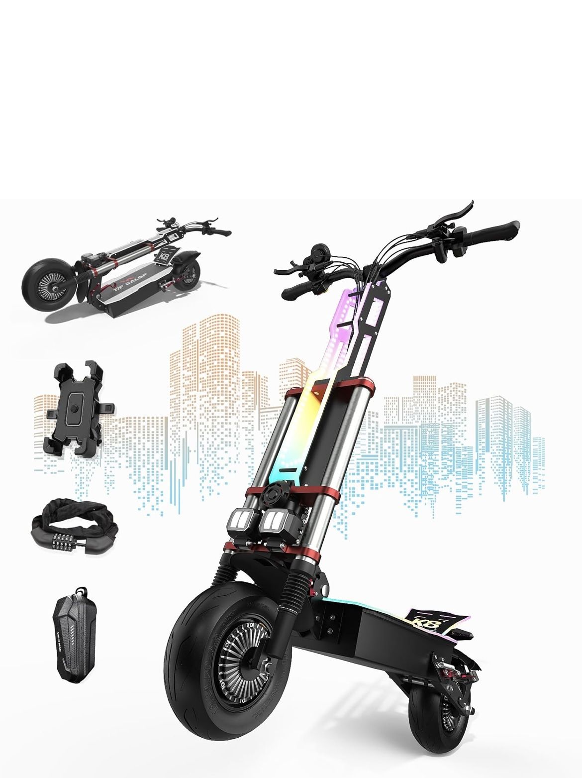 Electric Scooter Adult K8 6000w Dual Motor, Max Speed 50MPH Range 70 Miles, 12 Inch Street Tires Commuter Dual Suspension E-Scooter with Seat and RGB