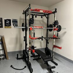 Smith Machine 100 | Adjustable Bench | 245lb Cast Iron Olympic Weights | 7ft Olympic Bar | Fitness | Gym Equipment | FREE DELIVERY 🚚 