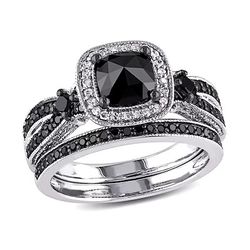 1-1/2 CT. T.W. Cushion-Cut Black and White Diamond Square Frame Bridal Set in Sterling Silver