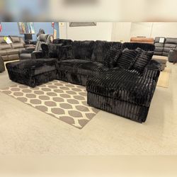 U shaped Black Jumbo corduroy sectional Pull out sofa bed sleeper sofa with Cup holders and storage