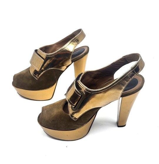 Marni Women's Brown Suede Metallic Slingback Platform Heel Shoes Size 36 EU 6 US