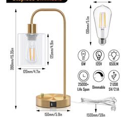 Gold Table Lamps Set of 2 – 3 Brightness Settings + USB Charging