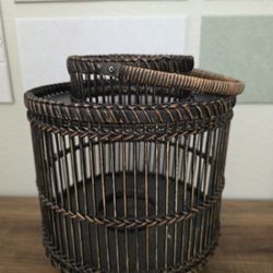 Rustic Western Farmhouse Dark Rattan Wood Candle Holder Lantern With Hanger