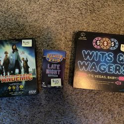 BOARD GAMES  (Pandemic, Family Fued Late Night Edition, Wits & Wagers)