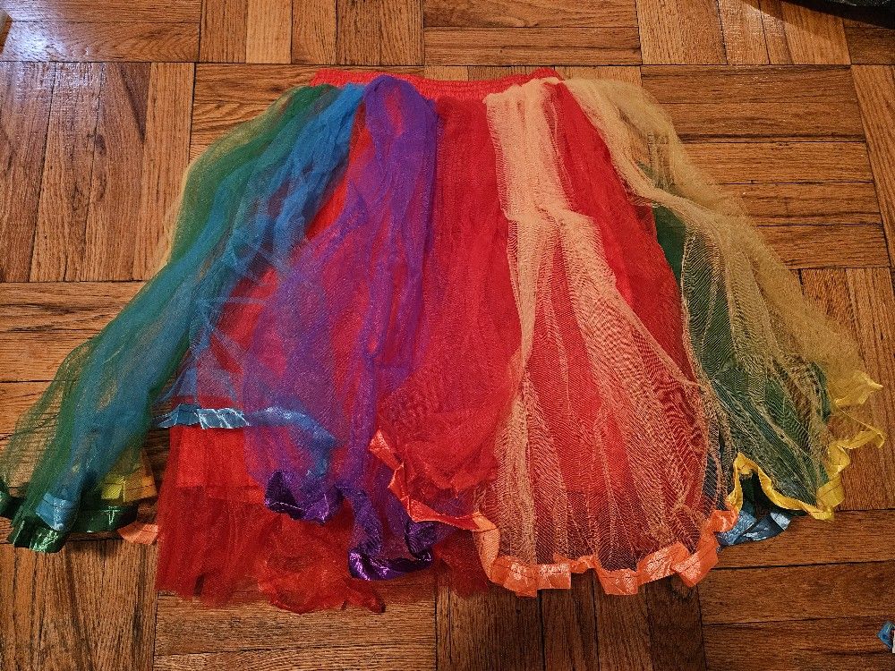 Multicolored tulle skirt. Red lining. Rainbow colors. Great for costume or party.