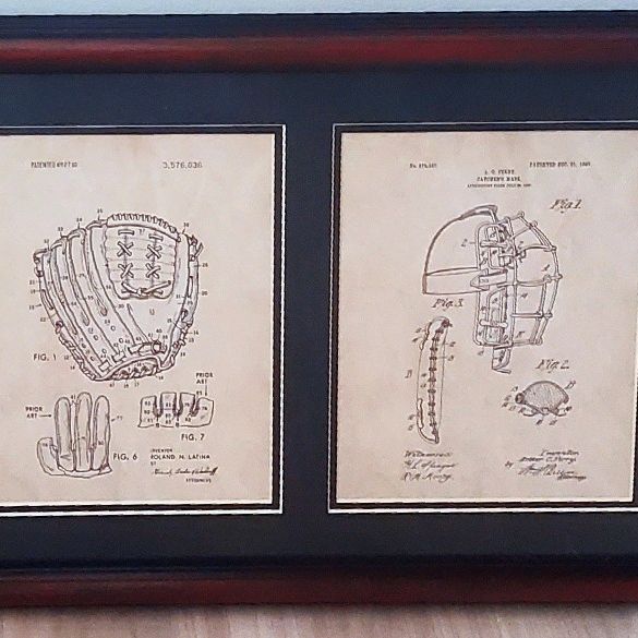 Great Father's Day Gift for Baseball Dads! Rustic Drawings of Equipment Patents, 4 Vintage Prints Framed (16 x 41 in) Home or Office Wall Decor