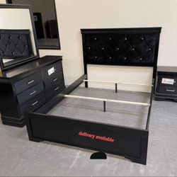  Brand New// Black Upholstered Panel Bedroom Set// Bed, Nightstand, Dresser, Mirror// Mattress Sold Separately 