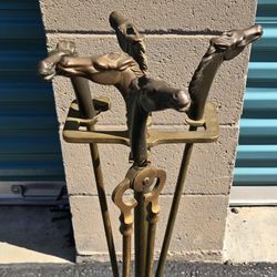 Antique Brass Horse Head Fireplace Set 5 Pieces See All Pictures 