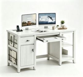 . Easy Assembly
Sturdy frame with all hardware includedOverall：58” W × 22” D × 29.5” H. The spacious desktop easily holds dual monitors, laptop, books