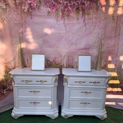 Two Oversized Glam Style Wooden Nightstands Colors White And Gold Metallic Set Has Been Refurbished 