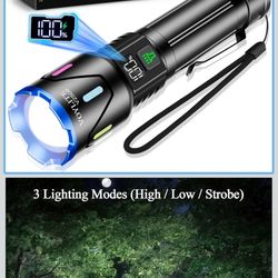 Flashlights High Lumens Rechargeable 5000mAh with LCD Power Display, Super Bright 100000 Lumen Flashlight, IPX7 Waterproof, 3 Modes & Zoomable (1500m)