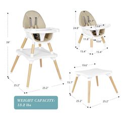 6 in 1 High Chair for Babies & Toddlers, Convertible Wooden Baby Highchair, Table and Chair Set, Baby Feeding Chair, 5-Po