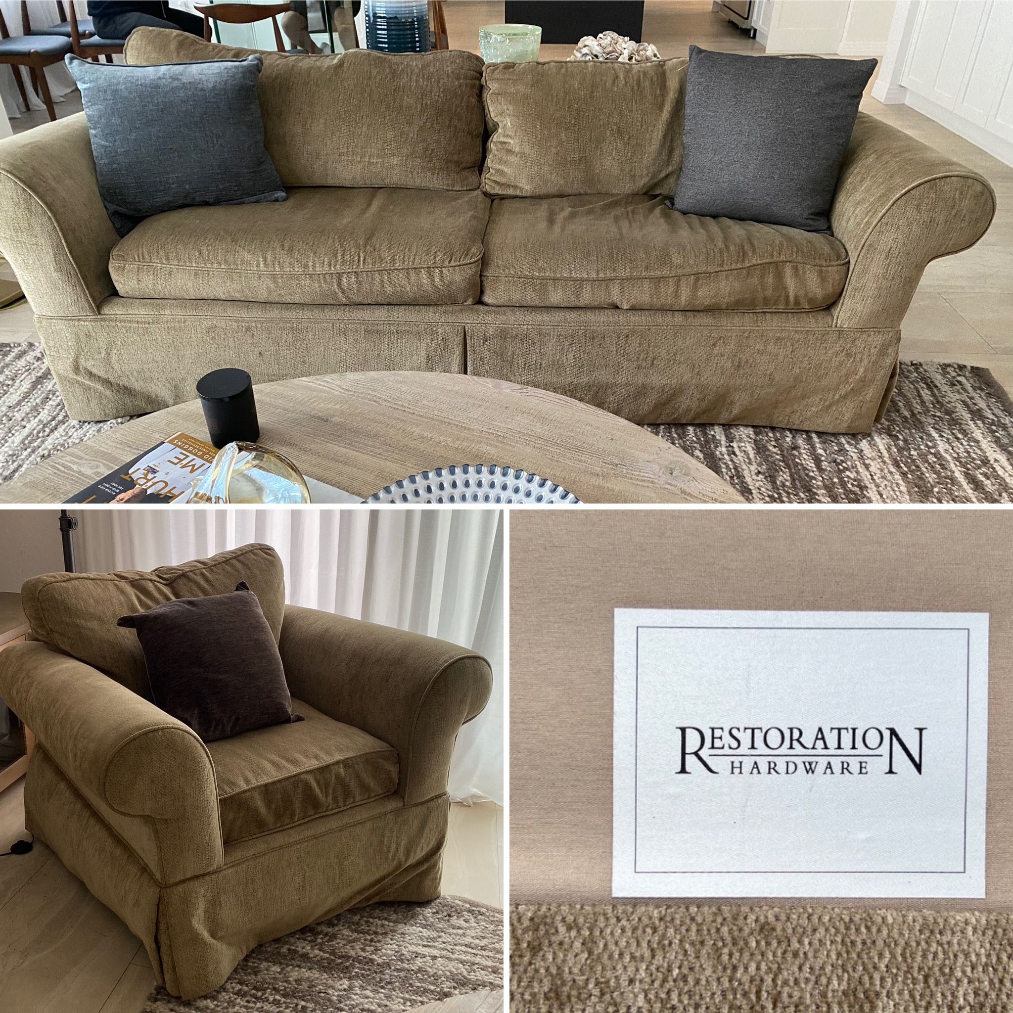 RH Restoration Hardware Green Sage Olive Chenille Sofa Couch Matching Arm Chair down