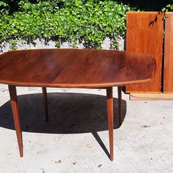 beautiful 1960's Mid Century Modern Dillingham Espirit walnut DINING TABLE with 2 extra LEAVES and 6 optional HIGH BACK CHAIRS and More