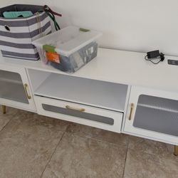70" White Tv Console With 1 Drawer, 2 Cabinets And built In-shelf  LED light Strips With changeable Colors  