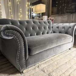 Gray Velvet Loveseat with Button Tufted Crystals And A Silver Nail Head Trim By Coaster Furniture