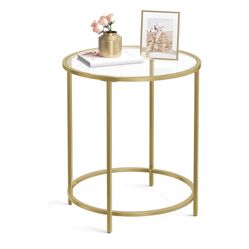 VASAGLE Round Side Table Glass End Table with Metal Frame - Gold  