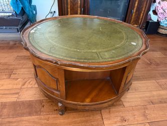 Round Wood Coffee Table with Green Leather Top