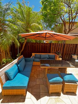 Wicker Patio Sectional Set with Dining Table and Ottomans