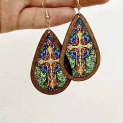 New! Bohemian Stained Glass Window Cross Acrylic & Wood Lightweight Earrings w Gift Bag Style D
