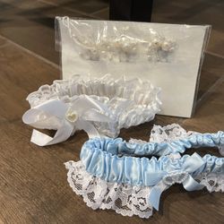 White And Blue Garder Belt With Veil Clips