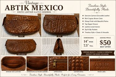 Vintage ABTIK Mexico Caiman Leather brown Exotic  Leather Purse 14 "