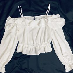 H&M Ladies Top White Poplin Off The Shoulder Blouse Ruffle + Poet Sleeve Date Night Size A 