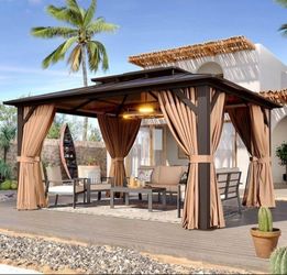 NEW 10x13" GAZEBO WITH DOUBLE POLYCARBONATE ROOF, CURTAINS INCLUDES.