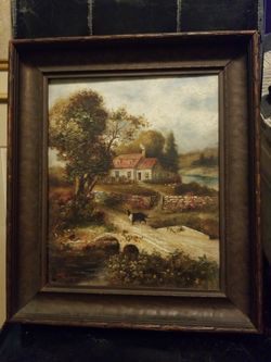 Vinatge Antique Country Landscape Painting Home Dog River