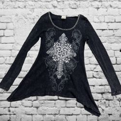 Vocal Embellished Rhinestone Cross Shirt Stitched Size Medium Women’s Charcoal