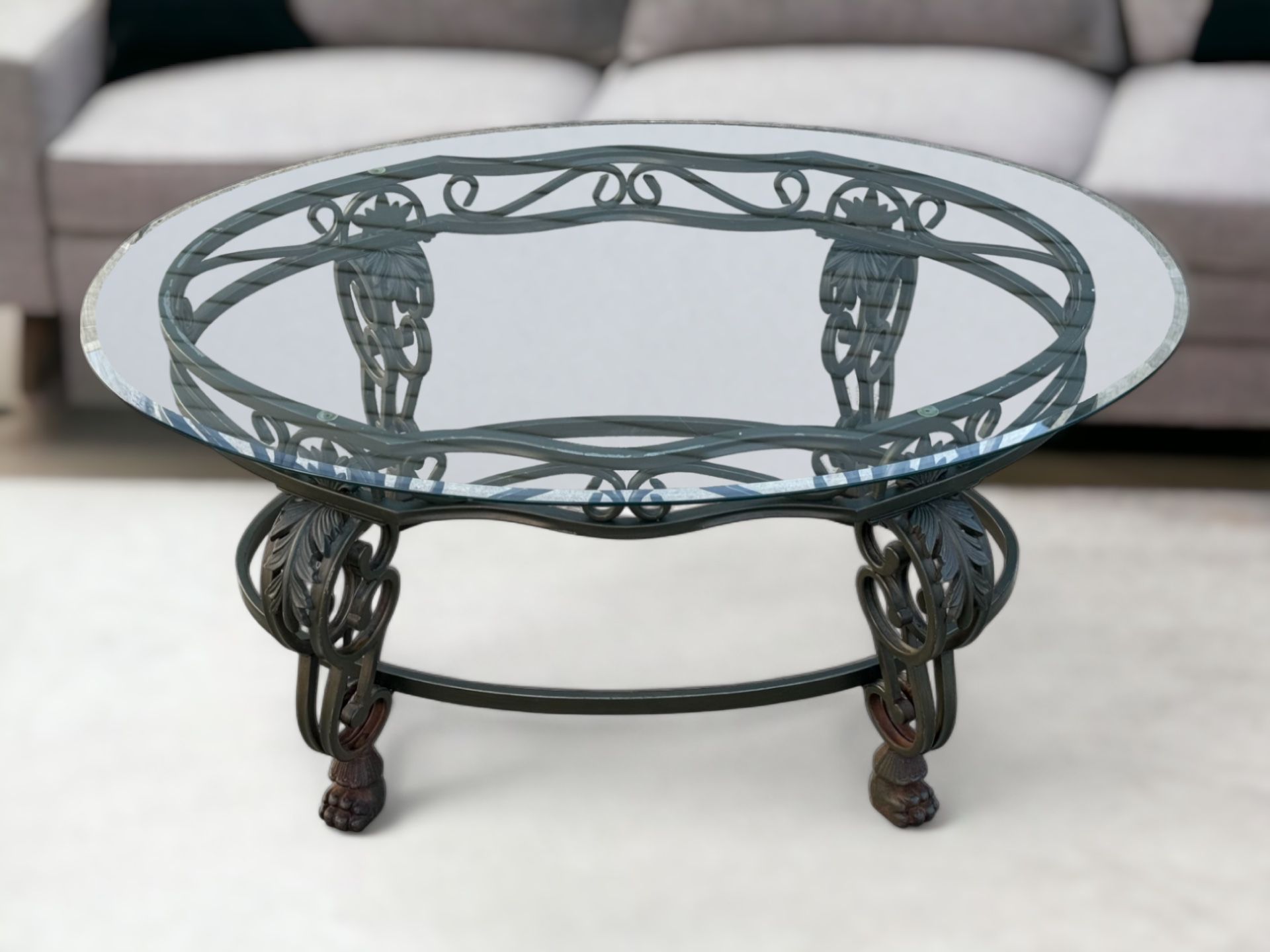 Dark Green / Copper Metal Oval Coffee Table & Glass Top